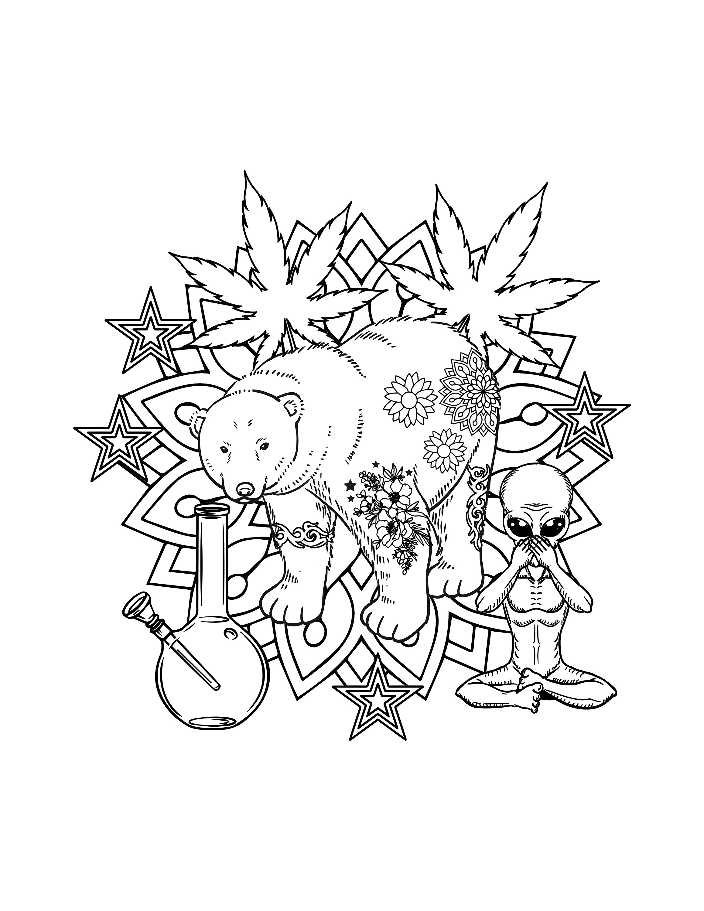 Trippy Hippie Bear Coloring Page Trippy Stoner Printable, 59% OFF