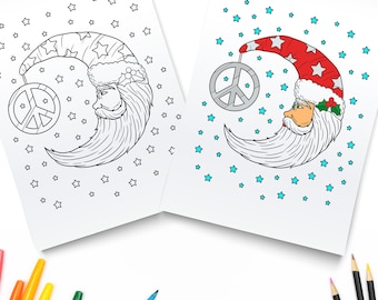 Página para colorear de Santa Peace Sign / Navidad para colorear / Crescent Moon Art Print PDF / Arte descargable / Xmas Santa Claus Digital Print