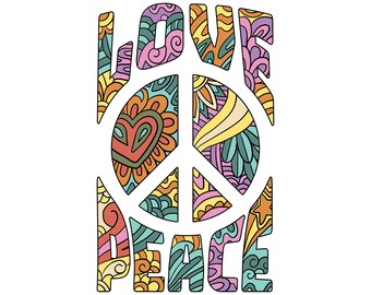 Love Peace Printable Coloring Page / Coloring Page PDF / Hippie Coloring Book