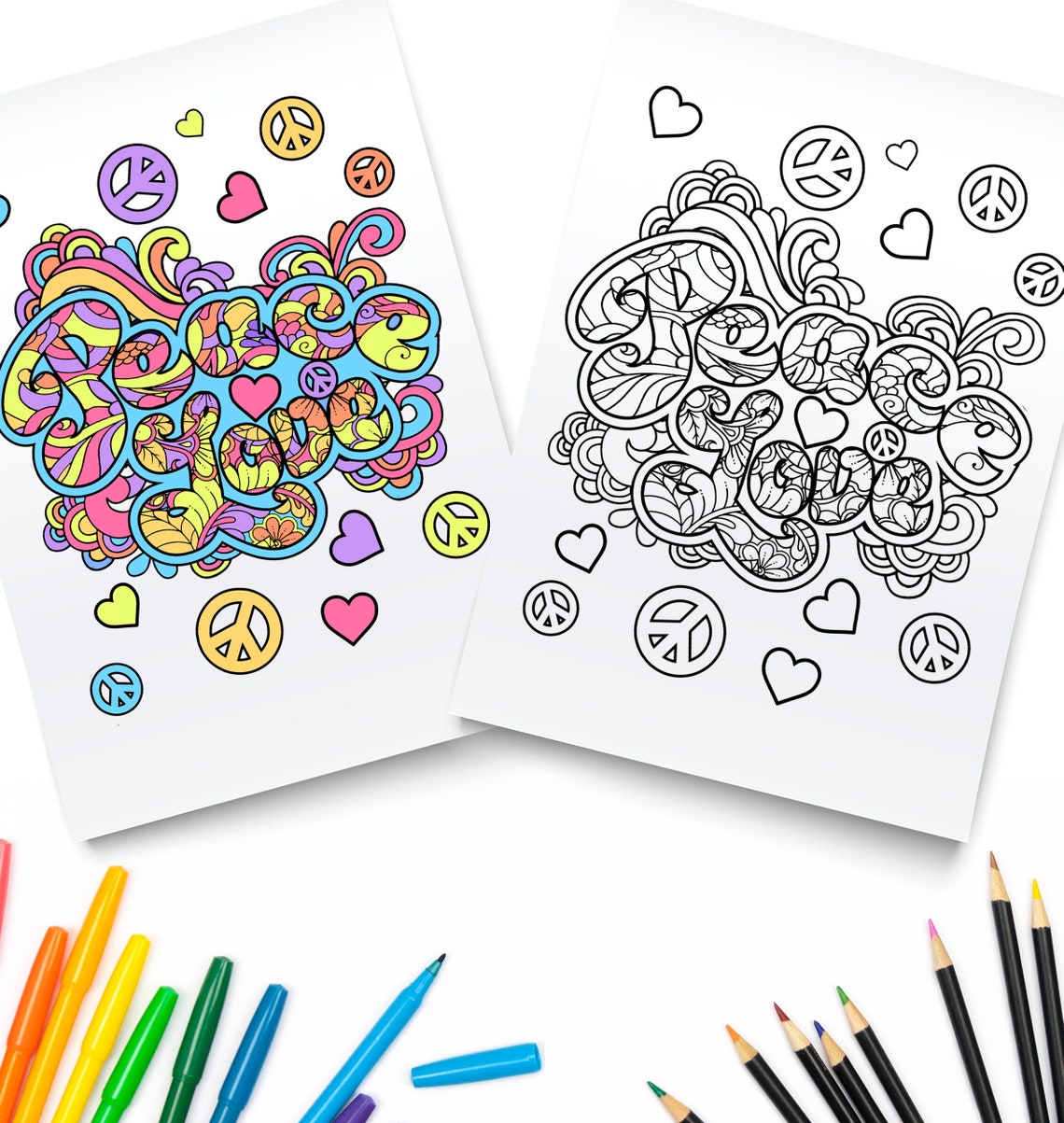 Peace Love Printable Coloring Pages / Digital Download / - Etsy