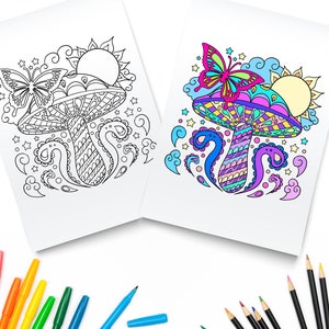 Magic Mushroom Printable Coloring Pages / Digital Download / Hippie Coloring Book