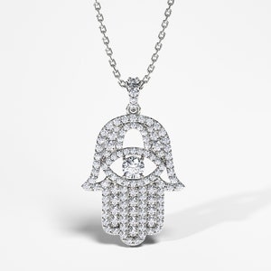 1.26 CT Diamond Hamsa Pendant, Diamond Hamsa Necklace, 14K Gold Hamsa Necklace, Large Diamond Hamsa Pendant Necklace, Fine Jewelry