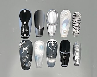 Y2K Optical Illusion Airbrush Ombre French Tip Press On Nails | Glue On Nail Art | Black Unique Handpainted Gel Manicure | 3D Reusable Nails