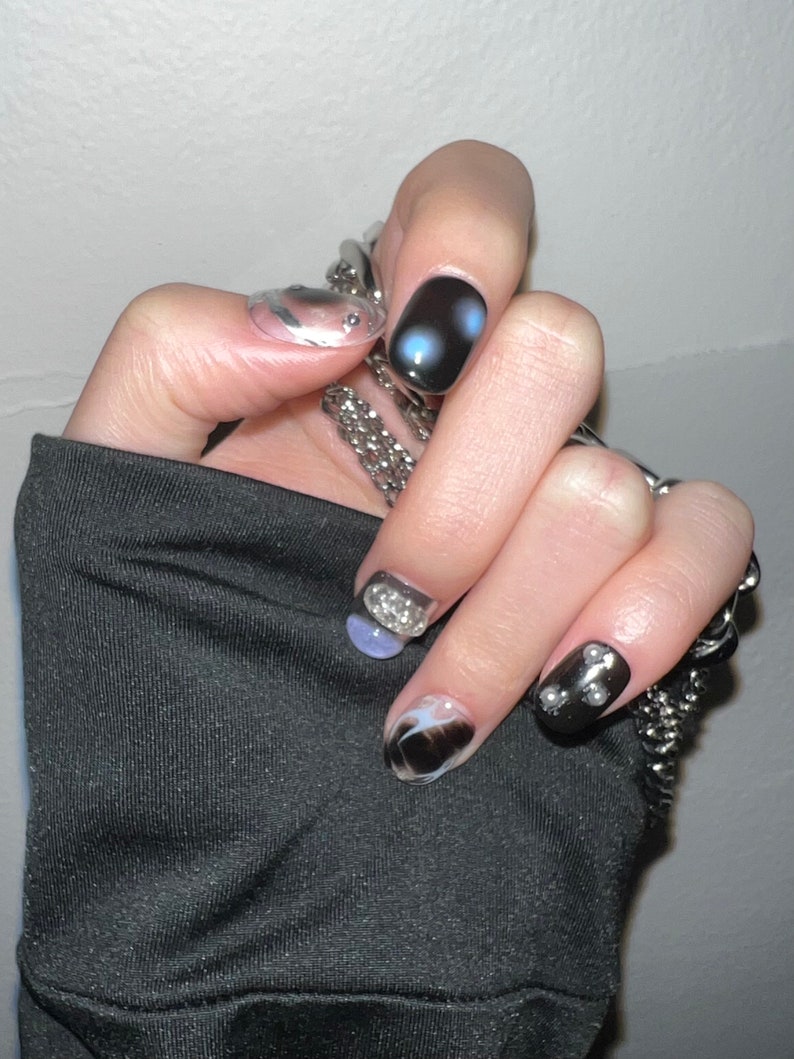 Y2K Goth Grunge Press on Nails unique Handpainted Short Fake Etsy