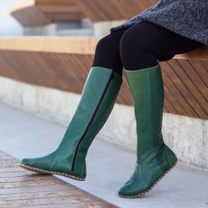 Earthing Boot | Barefoot Boots Women | Green Long Boots | Grounding Copper Rivet | Leather Boots Women | Handmade Genuin Leather | Green