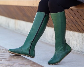 Aardingslaars | Barefoot laarzen dames | Groene lange laarzen | Aarding van koperen klinknagel | Leren laarzen dames | Handgemaakt echt leer | Groente