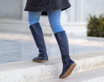 Horse Boots | Earthing Boot | Long Boots | Barefoot Grounding Copper Rivet | Handmade Genuin Leather Boots | Navy Blue