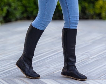 Erdungsschuh | lange Stiefel | Barfuß Frauen Stiefel | Erdung Kupferniete | Leder Stiefel Damen | Handgefertigtes Echtleder | Schwarz