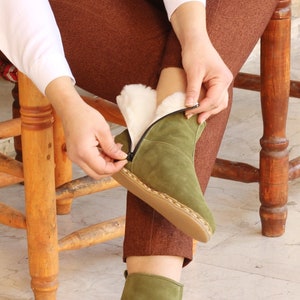 Women Barefoot Boots Ankle Fur Boots Shearling Ankle Grounding Women Fur Boots Boot Leggings Sheepskin Boots Green Nubuck zdjęcie 1