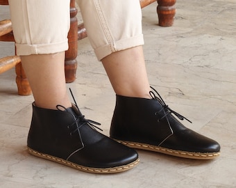 Barefoot Women Boot | Black Leather Boot | Earthing Leather Boots | Grounding Copper Rivet | Buffalo Leather Outsole | Black