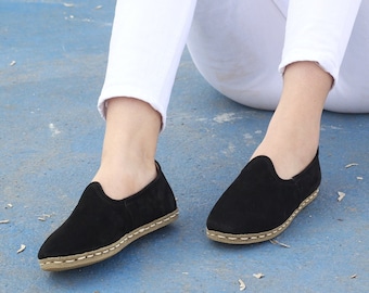 Women's Handmade Black Nubuck Leather Turkish Yemeni Shoes with Rubber Sole