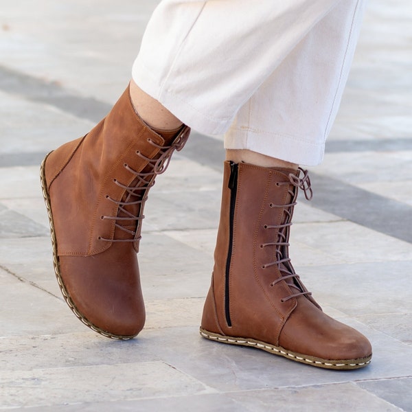 Chaussure de Terre | Bottes pieds nus | Botte en cuir marron | Bottes en cuir Earthing Femmes | Rivet en cuivre de mise à la terre | Fou Nouveau Brun