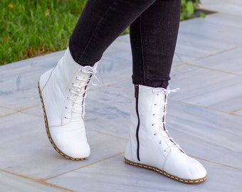 White Boot | Barefoot Boots Women | Earthing Leather Boots | Grounding Copper Rivet | Buffalo Leather Outsole | White