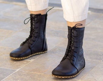 Botte pour femmes pieds nus | Bottes en cuir de mise à la terre | Rivet en cuivre de mise à la terre | Semelle extérieure en cuir de buffle | Noir