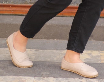 Chaussure de mise à la terre, chaussures pieds nus femme, chaussures blanches minimalistes faites main sans goutte, chaussures en cuir à bout large, mocassins femmes