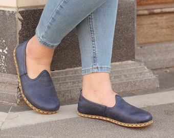 Erdungsschuh Damen, Barfußschuh Frau, handgefertigte Leder-Erdungsschuhe Kupferniete, Crazy Navy Blue