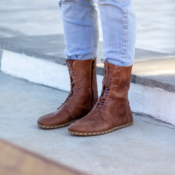 Barefoot Boots | Earth Shoe | Barefoot Shoes | Men Brown Boot | Earthing Leather Boots | Grounding Copper Rivet | Boote | Crazy New Brown