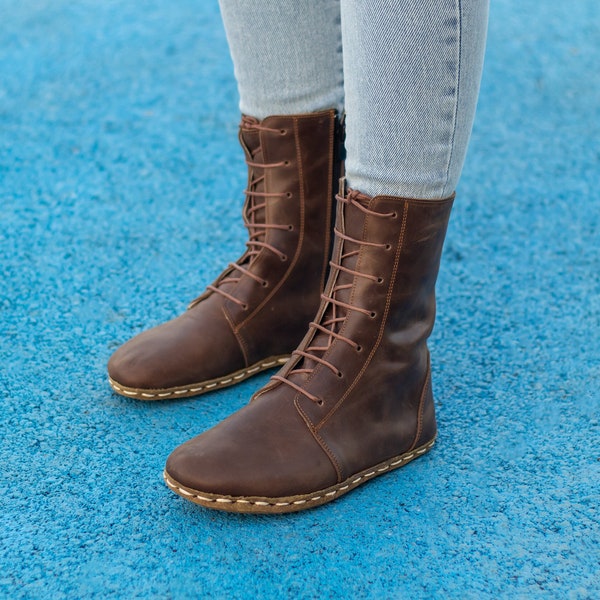 Earthing Women Boot | Barefoot Women Boot | Brown Leather Boot | Grounding Copper Rivet | Buffalo Leather Outsole | Crazy Classic Brown