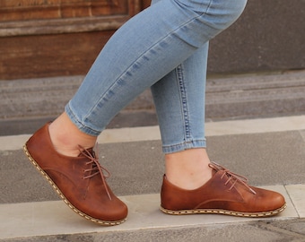 Barfuß Earth-Erdungsschuh Damen | Handmade Barfuß Oxford | Erdung Wider Alle Lederschuhe Kupfer Niete | Neues Crazy Brown