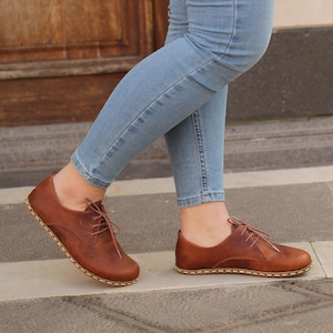 Barefoot Shoe Woman | Handmade Earthing Oxford | Grounding Wider All Leather Shoes Copper Rivet | New Crazy Brown