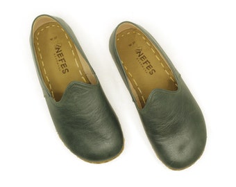 Zapatos Descalzos Verde, Zapato de Tierra Mujer, Zapatos de Cuero Hechos a Mano / Toledo Verde