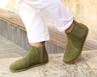 Women Chelsea Boots | Women Barefoot Boots | Wide Toe Box Chelsea | Green Nubuck