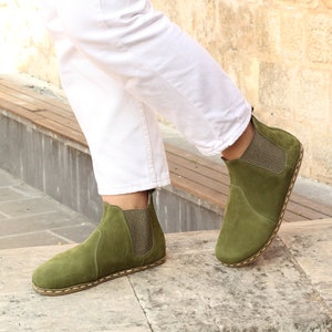 Women Chelsea Boots | Women Barefoot Boots | Wide Toe Box Chelsea | Green Nubuck