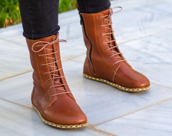 Barefoot Boots | Barefoot Shoes  | Brown Leather Boot |  Earthing Leather Boot | Grounding Copper Rivet | Grounded Women Boot, Tornado Brown