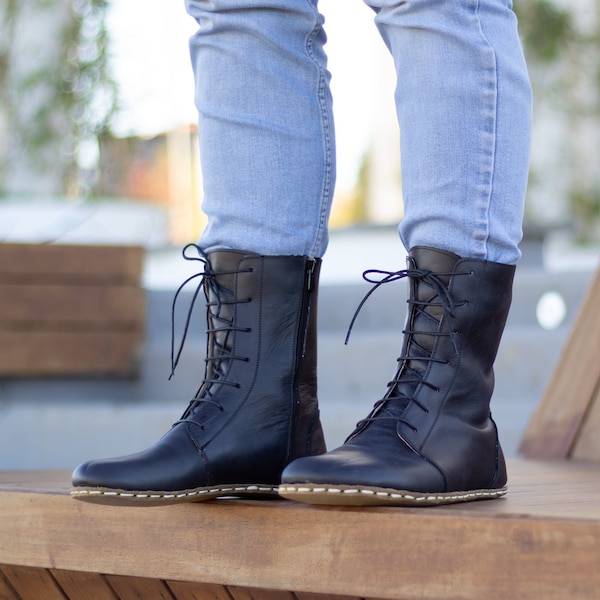 Barefoot Boots | Black Leather Bootie | Men Black Boot | Barefoot Men Boot | Earthing Leather Boots | Grounding Copper Rivet | Black