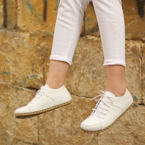 Erdungsschuh, Barfußschuhe Damen, handgemachte weiße Zero Drop Sneakers, Wide Toe Box Lederschuhe, Loafers Schuhe Damen Bild 3