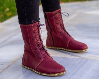 Grounding Copper Rivet | Barefoot Women Boot | Earthing Leather Boots | Buffalo Leather Outsole | Crazy Burgundy