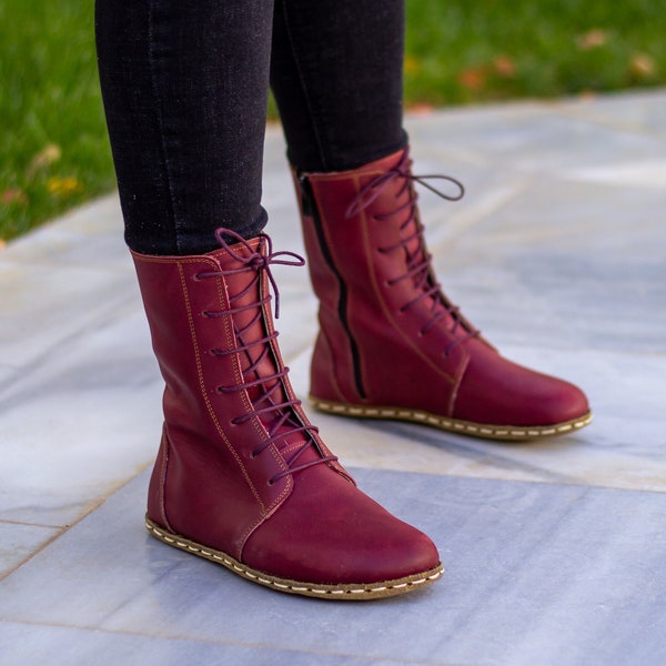 Rivet en cuivre de mise à la terre | Botte pour femmes pieds nus | Bottes en cuir de mise à la terre | Semelle extérieure en cuir de buffle | La folle Bourgogne