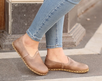 Erdungsschuh, Kupferniete & Barfußschuhe Damen | Erdungsloafer | Beige Schuhe Damen | Verrückte Vision