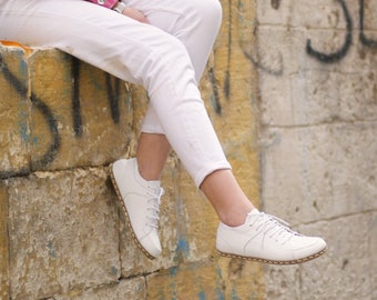 Chaussure de mise à la terre, Chaussures pieds nus femme, Baskets blanches faites main sans chute, Chaussures en cuir à bout large, Mocassins femmes