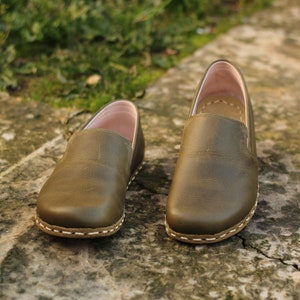 Grounding Shoe Green Shoes For Men, Handmade, Barefoot, Grounding, Loafer, Copper Rivet, Military Green image 1