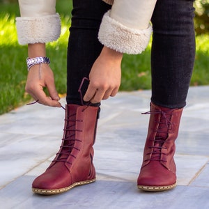 Grounding Copper Rivet Barefoot Women Boot Earthing Leather Boots Buffalo Leather Outsole Crazy Burgundy image 4