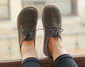 Chaussures en cuir véritable | Chaussure de mise à la terre Cuivre | Chaussures artisanales à lacets | Toutes les chaussures en cuir | Nubuck Gris