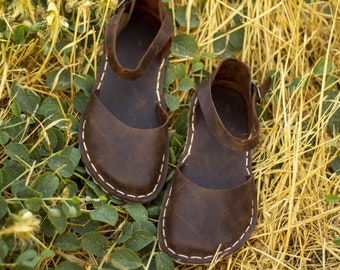 Sandali in pelle, Sandali minimalisti, Punta larga, Donne a piedi nudi, Piedi nudi in pelle, Sandali con caduta zero, Suola sottile / Marrone classico pazzo