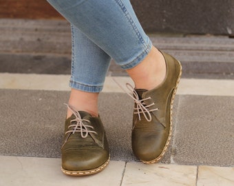 Earth Shoe | Barefoot, Oxford Shoes Women, Handmade, Crazy Olive Green, Nefes Shoes