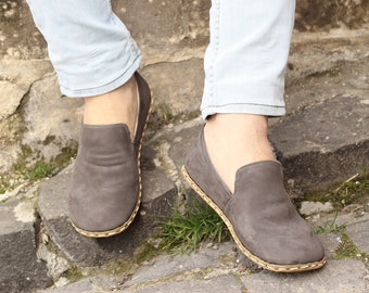 Zapato de puesta a tierra Cobre, todos los zapatos de cuero, zapato con conexión a tierra, zapatos planos cortos Zapatos descalzos, Para hombres, Nubuck gris