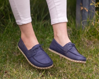 Leatherful Earthing Shoes Copper, Barefoot Grounding Shoes Women, Handmade Shoes | Crazy Navy Blue