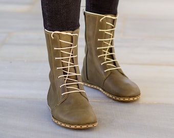 Barefoot Boots | Barefoot Shoes |  Green Leather Boot | Barefoot Women Boot | Grounding Copper Rivet | Crazy Olive Green