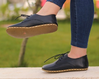 Women - Handmade - Oxford - Laced - Barefoot - Leather Shoes, Black