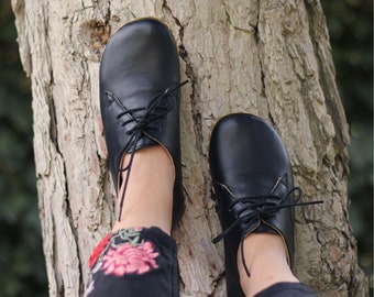 Women - Handmade - Oxford - Laced - Barefoot - Leather Shoes, Black