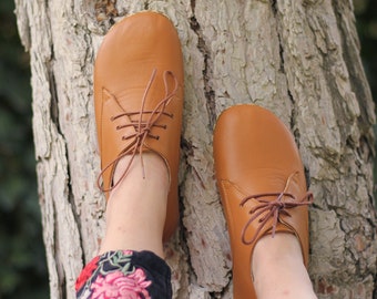 Women Oxford Laced Barefoot Leather Shoes Handmade - Light Orange