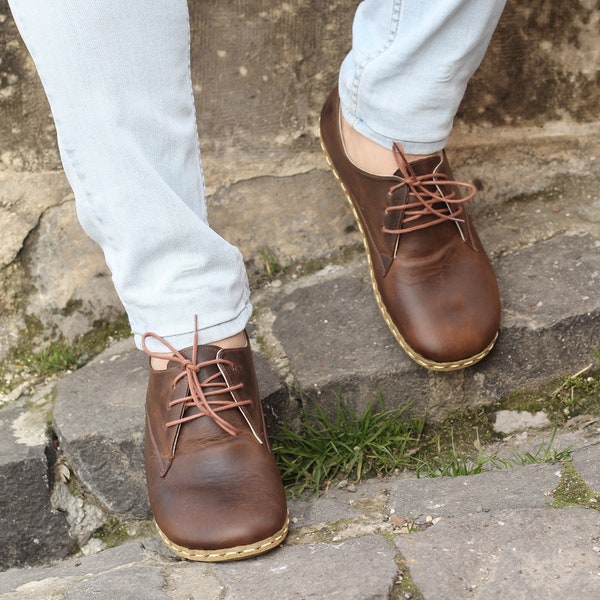 Hombres Oxford Descalzos, Zapatos De Conexión A Tierra, Zapatos De Conexión A Tierra De Cobre, Puntera Ancha, Zapatos De Cuero Genuino, Zapatos De Cuero, / Marrón Clásico Loco