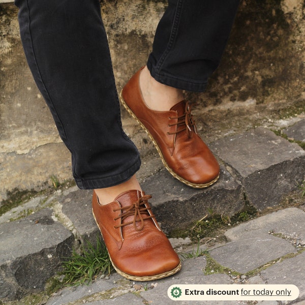 Earth Shoe | Handmade Brown Grounding Shoes For Men, Barefoot Shoe Copper, Antique Brown