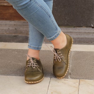 Earth Shoe | Barefoot, Oxford Shoes Women, Handmade, Crazy Olive Green, Nefes Shoes