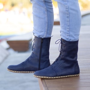 Earth Shoe Barefoot Boots Barefoot Shoes Barefoot Men Boot Earthing Leather Boots Grounding Copper Rivet Crazy Navy Blue image 1