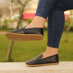 Grounding Shoe, Handmade Barefoot Shoes for Women, Black Leather, Slip-on, Gift for Women
